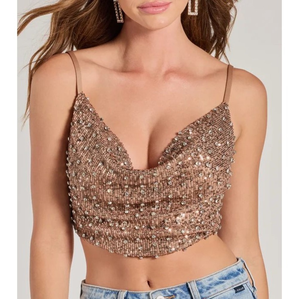 Mable Rose Gold Sequin Cowl Neck Crop Top Shimmer Party Festival Tank M (85)
